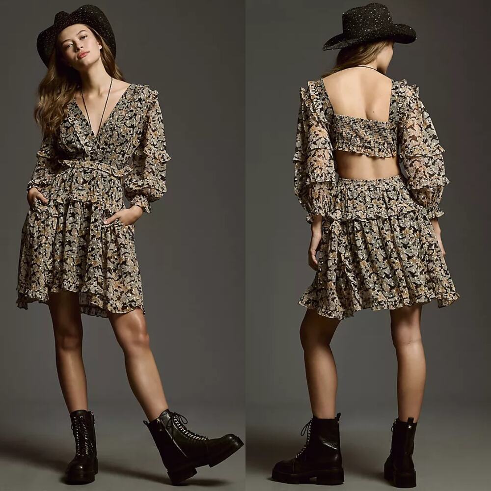Anthropologie V-Neck Ruffle Cutout Dress Size M Earth Tone Floral